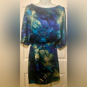 Bisou Bisou Blue Teal Paisley Midi Dress with Waist Tie